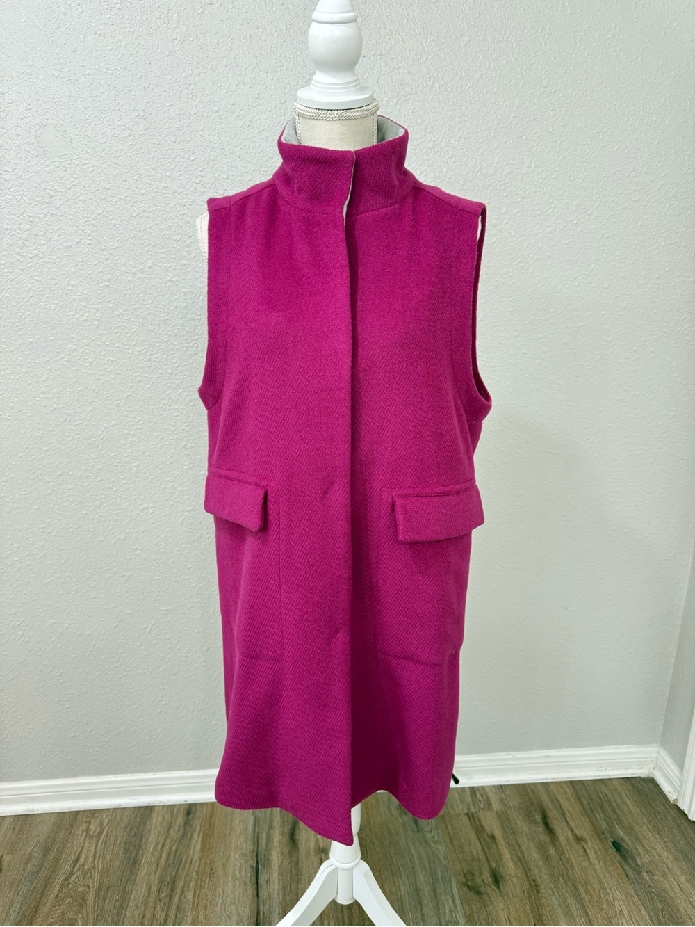 Hot Pink Wool Blend Vest Coat Long Sleeveless High Neck Minimalist Chic
